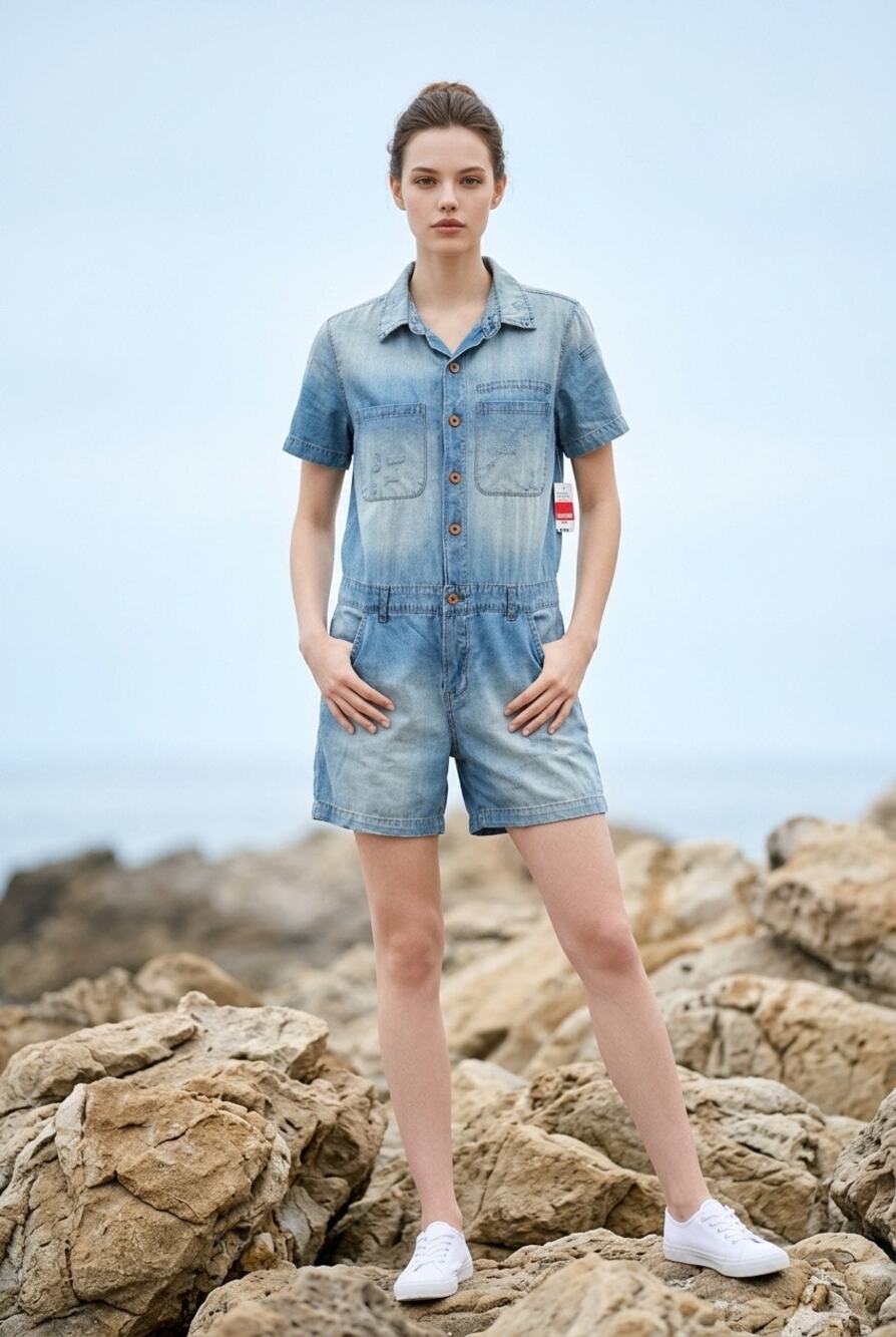 Faded Denim Romper Sz P Americana Western Cowgirl Festival Grunge Ranch USA NWT